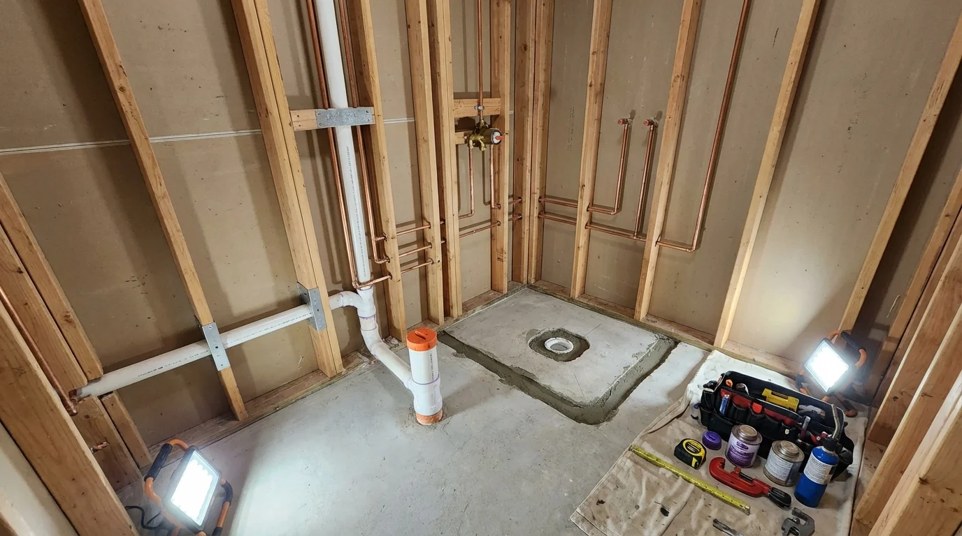 Bathroom rough-in plumbing during remodel by Johns Plumbing LLC in Newman