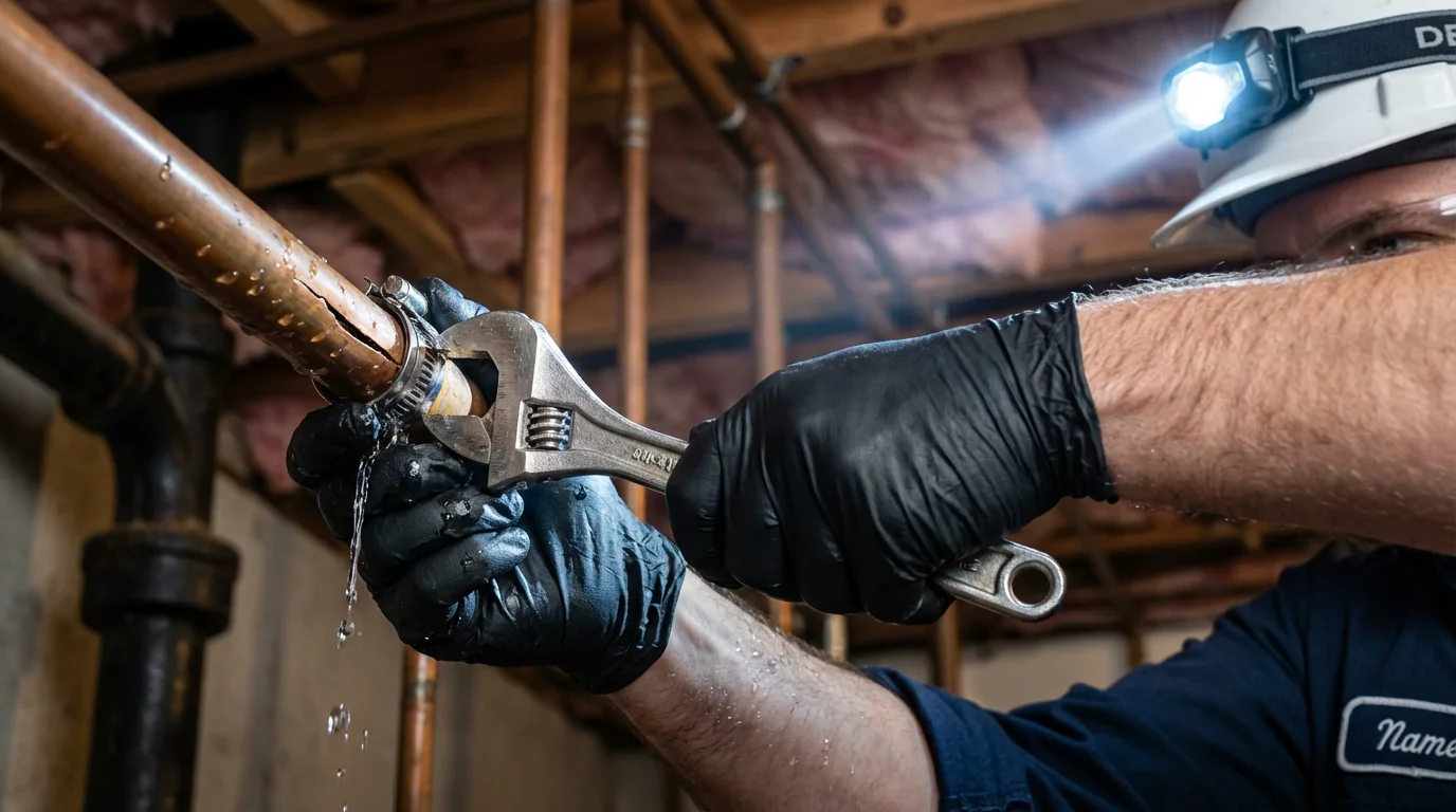 Emergency pipe clamp repair being performed by a Johns Plumbing LLC plumber in Newman