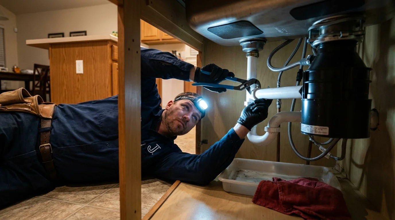 P-trap and supply line connections under a kitchen sink showing a common leak point in Newman, CA
